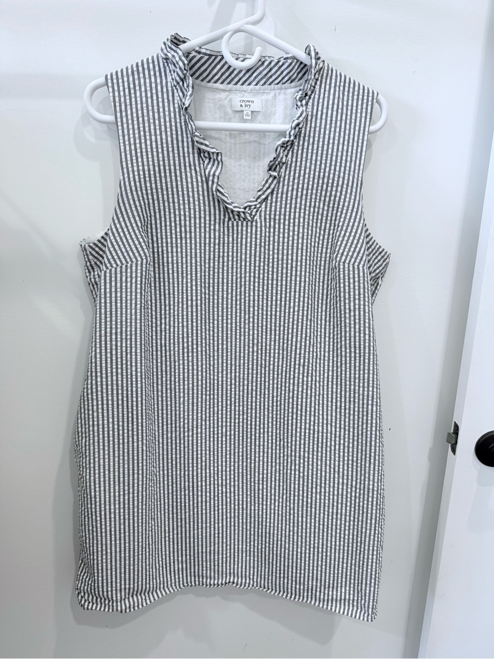crown & ivy Navy and White Striped Sleeveless Ruffle V-Neck Dress